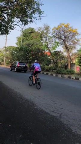 A person wearing a multicolored shirt and a hat rides a bicycle on an asphalt road. The person is moving away from the camera. A dark-colored SUV is visible to the left of the cyclist, also on the road. The environment appears to be a suburban area with trees and a clear blue sky. The road has a painted white line marking the edge.