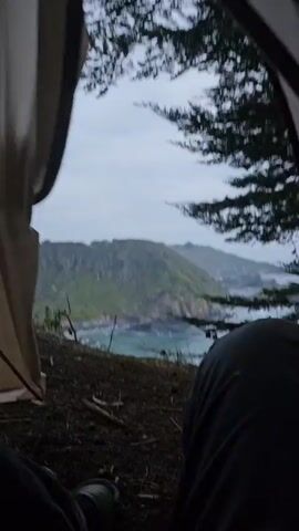 The camera slowly pans from right to left, revealing a view of a secluded beach from a high, wooded cliff. The foreground shows a steep slope covered in dark soil, fallen leaves, and branches. A few sparse bushes cling to the edge of the cliff. Through the foliage, the viewer sees a small, sandy beach nestled in a cove. The beach is bordered by a turquoise ocean, with gentle waves rolling onto the shore. A headland covered in dense green forest forms the backdrop. The sky is overcast, casting a muted light over the scene. The atmosphere is peaceful and remote.