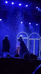 Stage performance features blue lighting, falling confetti effects