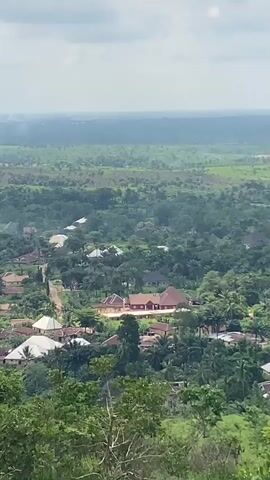 This is a high-angle, static shot of a rural village nestled amongst lush greenery, likely taken during the day. The scene is dominated by trees and vegetation, with scattered houses and buildings spread across the landscape. The architecture of the houses suggests a residential area, some with light-colored roofs and others with darker, possibly reddish-brown ones. A dirt road winds through the village, connecting the various dwellings.

In the distance, the landscape flattens out into what appears to be farmland or open fields, stretching towards a hazy horizon under a cloudy sky. The overall impression is one of a peaceful, established community integrated with its natural surroundings. There is no discernible activity of people or specific events taking place within the frame, nor any visible text. The atmosphere feels serene and tranquil, characteristic of a rural setting. The location is identified as Nguzu Edda, Nigeria, which aligns with the visual cues of a tropical or subtropical rural environment with dense vegetation.