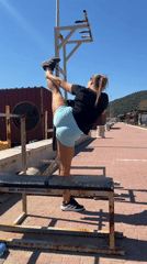Woman lying near exercise equipment in Montenegro morning scene