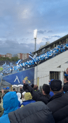Soccer fans celebrate with flares and balloons during stadium match