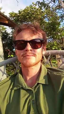 A man with light brown hair and a mustache, wearing sunglasses and a green collared shirt, is sitting in a hanging chair outdoors. The sun is setting, casting a warm glow on his face and creating lens flare. Trees and a hillside are visible in the background.