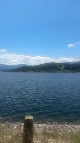 The video shows a panoramic view of a large body of water, likely a lake, under a clear blue sky with scattered white clouds. The water is calm with gentle ripples. In the background, there is a lush green hillside covered in trees, with a visible clearing that resembles a ski slope. Small buildings or houses are scattered on the hillside. The foreground consists of dry grass and a rough, stony shoreline. There are no people or animals visible in the video. The lighting suggests it is daytime, likely sunny. The camera is static throughout the short clip.