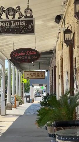 The video shows a sidewalk in front of a row of businesses. A white awning extends over the sidewalk. Signs for "Don Luis Mexican Restaurant," "Spoiled Rotten Salon & Spa," and "Burke Family Restaurant" are visible. Several large potted plants, including palm trees, are placed along the sidewalk. Two barrel-shaped seats with cushions are also present. In the background, a street with cars is visible. A person's legs and arm are visible in the lower right portion of the frame, with the arm pointing towards the businesses. The lighting suggests it is daytime.