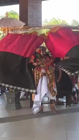 A male dancer wearing a traditional Balinese costume with a mask and elaborate headdress performs on a tiled floor. The costume features gold, red, and white fabrics, with intricate patterns. Two large black and pink draped cloths are held up on either side of the dancer, creating a canopy effect. In the background, palm trees and a stone wall are visible. Several other people, some also in traditional attire, are partially visible behind the cloths and to the sides. The dancer is facing the camera, with arms outstretched, and appears to be singing or speaking into a microphone. The scene suggests a cultural performance or ritual.