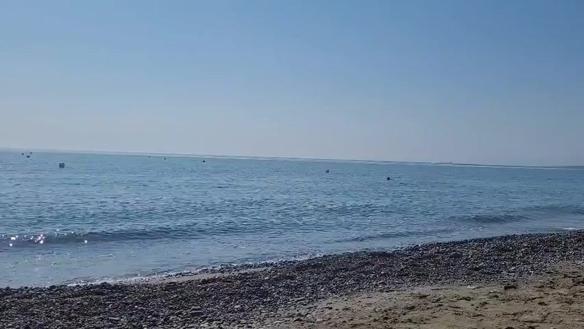 The video shows a view of a calm ocean with a pebble beach in the foreground. The sky is clear and blue. Several small buoys are visible in the water. There are no people or animals visible in the video. The waves are gentle and lap onto the shore. The overall impression is one of tranquility and peacefulness.