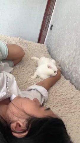 A person is lying on their side on a beige, fluffy rug, with their head resting on their arm. A white cat with yellow eyes is lying beside the person, and the person's hand is gently stroking the cat's head. The person is wearing a white shirt and light blue shorts. The background shows a wall with a textured wallpaper and a dark brown door with a gold handle. The lighting appears to be natural.