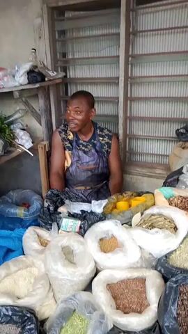 The video shows a man in a market in Akinima, Nigeria. He is standing behind a stall filled with bags of grains, spices, and other dry goods. The stall is set up against a wall with a slatted window. The man is wearing an apron over a patterned shirt and appears to be a vendor.

In the foreground, there are several large, clear plastic bags filled with various products. Some appear to be rice, others grains like millet or sorghum, and some are filled with smaller, darker items like seeds or dried herbs. There are also some smaller bags and yellow containers visible on the stall.

Behind the man, there is a shelf with more items, including some packaged goods and what looks like fresh produce, possibly vegetables or herbs. The overall impression is of a bustling local market where fresh and dried goods are sold. The lighting suggests it could be daytime, and there are no obvious indications of weather conditions. The man's expression and demeanor suggest he is engaged in his work, possibly interacting with customers or preparing to do so. The setting, with its rustic wooden structures and abundance of goods, is characteristic of a traditional African market.