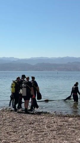 A group of divers in full scuba gear stand at the edge of a body of water. They are wearing wetsuits and have scuba tanks strapped to their backs. Some of them are holding fins. The water is calm and clear, and in the background, there are mountains. One diver is already in the water, further out from the shore. A rope with buoys is visible in the water. The ground in the foreground is covered in pebbles. The sky is clear and blue.