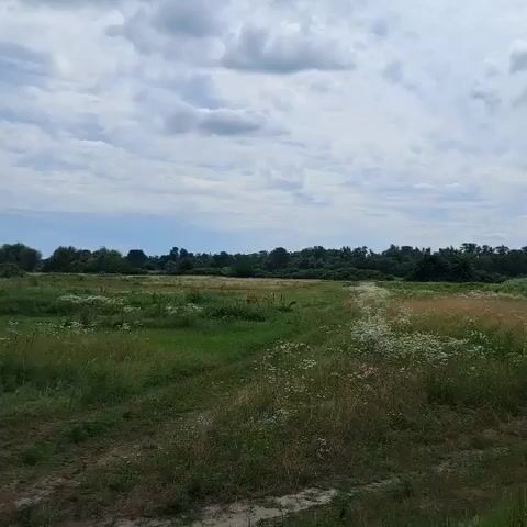 A dirt path winds through a grassy field under a cloudy sky. A person is riding a quad bike on the path.