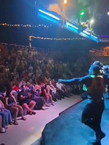 A group of male performers are dancing on a stage in front of a large audience. The stage is lit with blue and green lights, and there are strings of fairy lights overhead. The performers are wearing dark pants and vests with yellow accents. The audience is seated in tiered seating, and many people are holding up their phones to record the performance. The atmosphere appears to be festive and energetic.