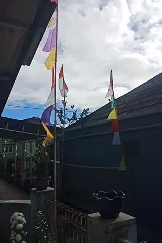 The video presents a low-angle view looking up between buildings toward a cloudy sky. Strung between the buildings are bamboo poles from which colorful triangular flags hang. The flags sway gently in the breeze. The buildings appear to be residential. Vegetation is visible in the foreground and background. The sky is partially obscured by clouds.