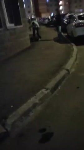 In a nighttime scene in Shchyolkovo, Russia, a person is walking a dog on a sidewalk. The person, dressed in a light-colored shirt and dark pants, is bent over, appearing to be interacting with or controlling the dog, which is dark in color. To the right, another person stands, facing away from the camera, wearing a dark top and light-colored pants. The setting is an urban environment with apartment buildings in the background, their windows illuminated, suggesting it is late evening or night. Cars are parked along the street. The ground appears to be asphalt, with a concrete curb bordering the sidewalk. The lighting is dim, with artificial lights from the buildings and possibly streetlights casting shadows. No visible text is present in the image. The overall mood is that of a routine evening walk.