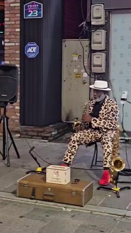 A Black man wearing a white fedora, a leopard-print suit, and red shoes is playing a saxophone on a city street at night. He is seated on a black chair. A second saxophone is propped up to his right. In front of him, on the ground, are a vintage suitcase, a cardboard donation box with text on it, and a smartphone. A speaker on a tripod is to his left, and a microphone stand is positioned in front of him. The street appears to be paved with cobblestones. A brick building with signage is visible behind him. The signage includes "23" in a blue square, an "ADT" logo, and text in Korean. Electrical conduits and boxes are mounted on the side of the building. Further down the street, a brightly lit storefront with the words "MY CORNER" and "INTERNATIONAL FAST FOOD" is visible, along with neon signs advertising "TACO," "KEBAB," "BURGER," and "NACHO." The overall scene suggests a street performance in an urban area.