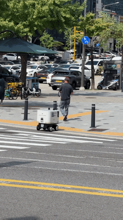 Sidewalk delivery robot navigates Seoul streets alongside pedestrians.