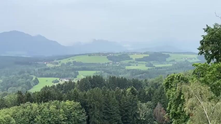 A wide panoramic view of a mountainous landscape. The foreground is dominated by a dense forest of tall, dark green coniferous trees. Beyond the forest, the land rolls into a series of green hills and valleys, dotted with small clusters of buildings, likely farms or hamlets. The fields are a vibrant green, suggesting agricultural activity. In the background, a range of hazy blue mountains stretches across the horizon, their peaks softened by distance and a slightly overcast sky. The overall impression is one of a rural, natural environment.