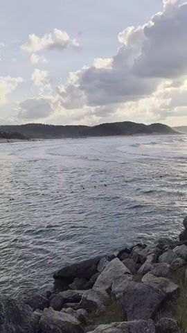 A video shows a rocky coastline with a choppy ocean under a cloudy sky. In the distance, there is a landmass with rolling hills. Several surfers are visible in the water. In the foreground, a person is sitting on the rocks overlooking the ocean. The sun is setting, casting a warm glow on the scene.