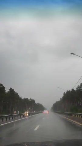 The video shows a view from inside a vehicle driving on a wet highway during a rainstorm. The sky is overcast and grey. Trees line both sides of the highway, and a metal guardrail separates the road from the trees. There are other vehicles visible on the road ahead, their brake lights illuminated. The road surface is wet, with visible reflections and water splashes. The overall impression is one of a gloomy, rainy day on a highway.