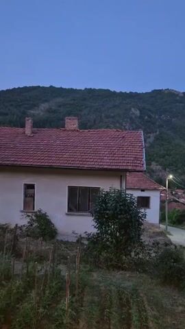 The video opens on a close-up of a house with a red tile roof. The house is light-colored and appears to be in a rural setting. In the background, a lush green hill rises up, covered in trees. The sky is a deep, dark blue, indicating either dawn or dusk. As the video progresses, the camera pans slightly to the right, revealing more of the house and the surrounding landscape. We see a second, smaller building attached to the main house, also with a red tile roof. A tree stands in front of the house, its leaves rustling gently. Further to the right, a road winds its way through the village, lined with more houses, many with red tile roofs. A single street light illuminates the road, casting a soft glow. The overall impression is one of tranquility and rural charm, with the natural beauty of the landscape dominating the scene.