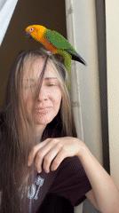 Woman with pet bird spotted by window in Khimki