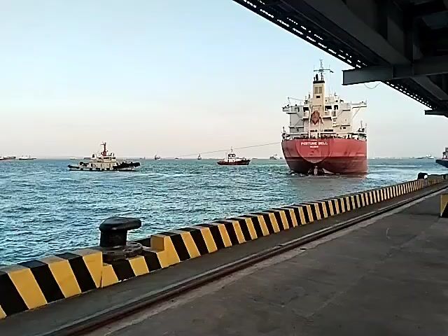 A large red and white ship, identified as FORTUNE BELL, is being maneuvered in the water by two tugboats. One tugboat is positioned on the left side of the large ship and is pulling it, while a second, smaller tugboat is located behind the large ship and appears to be pushing it. The ships are in a body of water, possibly a harbor or port, with a pier in the foreground. The pier has a concrete surface and is lined with yellow and black striped safety barriers. A black bollard is visible on the pier. The sky is overcast and the water is choppy. The scene is captured from a slightly elevated perspective, looking across the water towards the ships.
