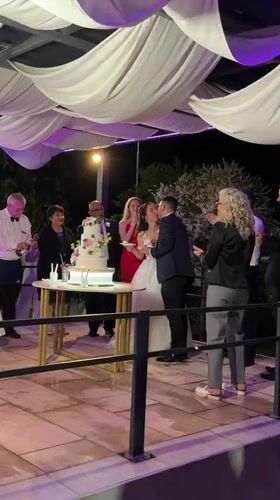 Wedding celebration with fireworks and champagne tower in Serbia