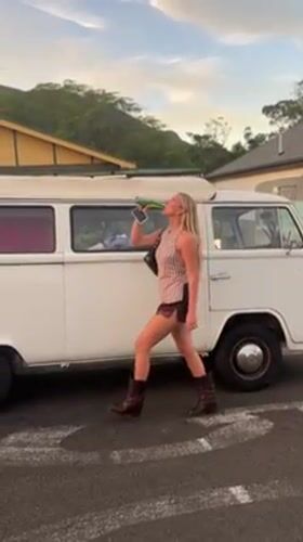 Young adults socialize with drinks near van in Thirroul