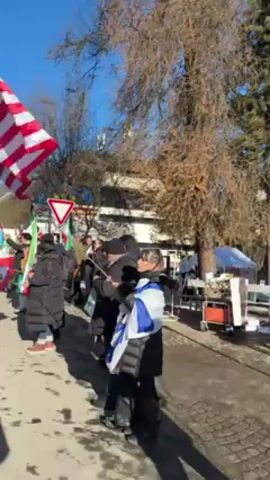 The video shows a small group of people standing on a street, some holding flags, including the American, Iranian, Italian, and Israeli flags. The crowd is diverse in terms of clothing and appearance. Some people are wearing warm coats and hats, indicating a potentially cold climate. One individual in the foreground is on a cell phone. A traffic sign is visible in the background, along with bare trees and buildings. The sky is clear and blue. The video appears to capture a demonstration or gathering of people expressing their views, with flags as a symbol of their affiliations.