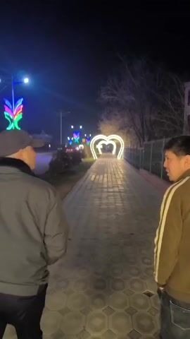 Two men are walking side by side along a sidewalk at night. The man on the left wears a dark jacket and a baseball cap. The man on the right is wearing a brown jacket with white stripes on the sleeves, and jeans. They appear to be having a conversation. The sidewalk is paved with a pattern of light and dark gray bricks. On the other side of a short hedge, there is a road. Decorative streetlights in the shapes of hearts and colorful abstract plants line the road. Cars are passing on the road. The sky is dark.