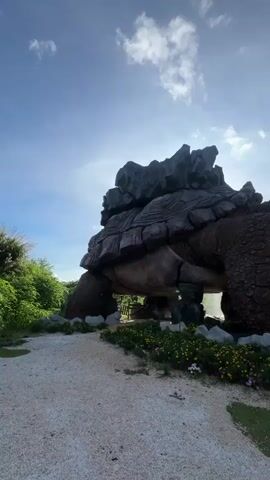 This video shows a close-up, eye-level shot of a large, detailed statue of a tortoise. The tortoise is massive, with a textured, brown shell adorned with rocks on top. Its skin is scaly and detailed, and its mouth is open, revealing red interior and teeth. The statue is positioned outdoors, with a gravel path in the foreground and lush green vegetation and trees in the background. The sky above is blue with scattered white clouds, and the sun is visible, creating bright lighting conditions. A small body of water is visible behind the tortoise's legs. There are no people or animals visible in the video. The camera pans slightly to the right, offering a better view of the tortoise's head and neck. The overall impression is of a realistic and imposing sculpture set within a natural environment.