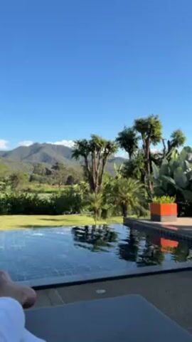 A person lies on a chaise lounge near a pool. The person's feet are visible at the bottom of the frame. Beyond the pool is a green lawn, palm trees, and other trees. In the distance are mountains, and the sky is a clear blue.