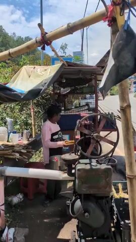 A person in a pink and white long-sleeved shirt and dark pants stands at a makeshift sugarcane juice stand. They are operating a sugarcane juicing machine made of metal and wood, powered by a small engine. The stand is covered with a blue and white tarp and supported by bamboo poles. Sugarcane stalks are visible to the left and right of the machine. The person is in the process of feeding a sugarcane stalk into the juicer. The environment appears to be outdoors with a road and vegetation visible in the background under a cloudy sky.