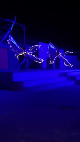 Two dancers perform on a small, stepped stage outdoors at night. The stage is lit with bright blue light. Each dancer wears what appears to be a dark outfit and holds large, illuminated props that look like wings with horizontal ribs. The lights on the wings change colors, shifting from white-yellow to blue. A tall structure is visible in the background, to the left of the stage. A building is partially visible in the background to the right.