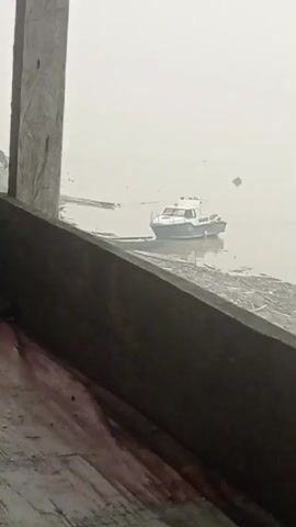 A white and blue boat is docked on a body of water. The water appears murky and shallow near the shore. The shore is lined with debris. The scene is viewed through a wooden structure, possibly a window or doorway. The sky is overcast and hazy.