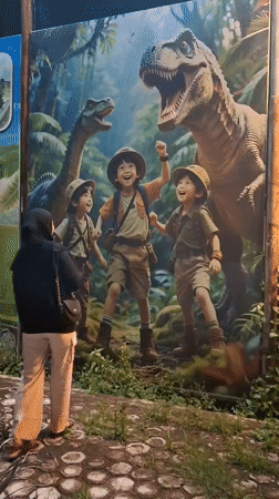 Woman photographs new dinosaur-themed tourism signs in Lhokseumawe