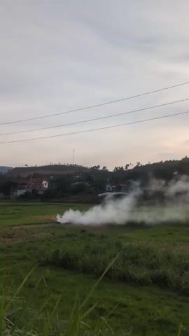 A video shows a rural landscape at dusk. A field of green grass with some dry stalks is visible in the foreground and middle ground. In the middle ground, a plume of white smoke rises from the field, suggesting a controlled burn or smoldering material. In the background, there are rolling hills covered with trees and some houses with red roofs. Power lines stretch across the sky. The sky is overcast with a pale, diffused light. The video is static and shows no visible people or specific actions.
