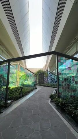 The video captures a serene walk-through of a contemporary outdoor garden or courtyard located between two modern, high-rise buildings in Jianyang City, China. The buildings feature sleek, light-colored facades with horizontal architectural elements, and a bright, clear sky is visible above.

A winding pathway made of irregular grey stone pavers leads through the space. On both sides of the path, dense green foliage, including bushes and smaller plants, lines the ground. Integrated into the landscaping are distinctive decorative structures. These structures are composed of dark metal frames holding translucent, colored glass panels arranged in a grid pattern. The panels exhibit a mosaic of greens, blues, and purples, allowing sunlight to filter through and cast subtle hues. The camera moves steadily forward along the path, providing a view of the integrated urban green space. The distinct sound of rolling wheels accompanies the camera's movement. There are no people visible in the video, and no discernable text. The bright lighting suggests it is daytime.