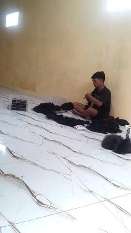 In a brightly lit room with a tiled floor and pale yellow walls, a young person sits cross-legged on the floor, engrossed in sorting through piles of long, black hair. The hair is spread out in several large sections, with some contained within white plastic crates. The person is wearing a black t-shirt and dark shorts and appears to be meticulously working with the hair, holding small bundles in their hands and manipulating them. The lighting suggests it is daytime, with sunlight streaming in from two square windows high on the wall. The scene suggests a workshop or a processing area, possibly related to hair extensions, wigs, or traditional crafts. The person's focus and the organized piles of hair indicate a task that requires concentration and attention to detail. The overall atmosphere is one of quiet industry.