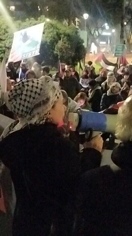 A crowd of people is gathered at night, possibly at a protest or demonstration.  Many people are wearing hats and winter coats.  One person holds a blue and white megaphone.  A flag is visible with the word "Sister" on it along with an image of a bird. There are trees and street lights visible in the background.