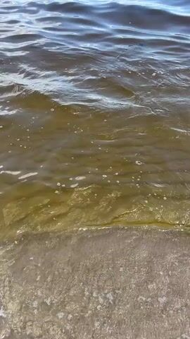 The video shows a close-up view of water lapping at a sandy shore. The water is murky brown with visible ripples and small bubbles on the surface. The sandy shore is wet and appears to be composed of fine grains. In the background, the water appears darker and calmer. The lighting suggests it is daytime, possibly overcast or the sun is not directly overhead. No people or distinct objects are visible, only the natural elements of water and sand.