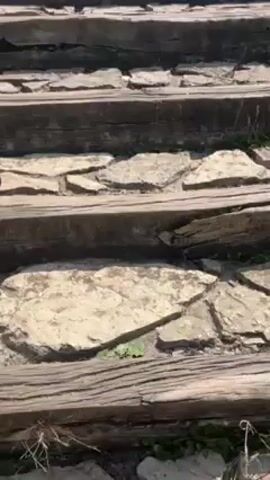 The video shows a long set of stone and wood stairs leading up a grassy hill. The stairs are constructed with rough, uneven stones and wooden beams.  The camera slowly pans up the stairs and the person is walking up the steps.  At the top of the stairs, there is a green sign with arrows pointing in different directions, indicating hiking trails and services.  The sky is blue with a few clouds, and the sun is shining. The environment appears to be a park or natural area.