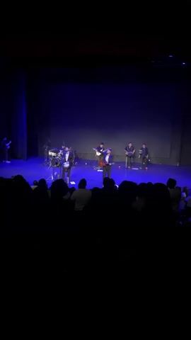 A wide shot shows a band performing on a stage in a theater. The stage is lit with blue lights, and the band members are silhouetted against a black backdrop. The band consists of a drummer, a bass player, a guitarist, and a singer. A man walks across the back corner of the stage.  The audience is visible in the foreground, their faces obscured by the low lighting.