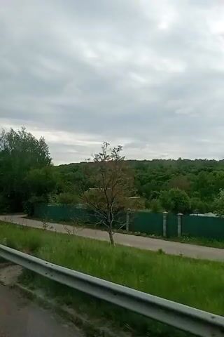 The video shows a view from a moving vehicle, likely a car, traveling alongside a road. A silver guardrail is visible in the foreground, parallel to the camera's movement. On the other side of the guardrail, there's a grassy verge, followed by a low green fence. Beyond the fence, there is dense green foliage, including trees and bushes, obscuring most of what lies behind. A small building with a light-colored roof is partially visible amongst the trees. The sky is overcast with gray clouds. The focus remains on the scenery passing by as the vehicle travels along the road.