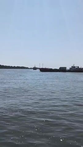A video shows a body of water under a clear sky. Two large ships are visible on the water. The first ship, in the foreground, is a red and white cargo ship. It is moving from left to right across the frame. The second ship, in the distance, is a smaller, darker vessel. It appears to be moving in the same direction as the first ship. The water is calm, with small ripples. The sky is a pale blue. There are trees on the left side of the frame, suggesting land is nearby.