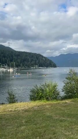 The video shows a wide shot of a body of water, possibly a lake or bay, with a forested hill forming the backdrop. The water is calm and reflects the cloudy sky. Several people are engaged in water activities, including stand-up paddleboarding and kayaking. In the foreground, there is a grassy area with some bushes. On the hill, houses and sailboats are visible. The overall atmosphere is serene and recreational.