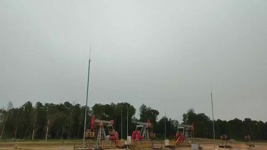 This media file showcases an outdoor scene with oil pumpjacks, characterized by their distinctive rocking motion for extracting oil. Three prominent pumpjacks are visible, each with a red and yellow framework. They are situated in a field, with a dense line of green trees forming a backdrop. In the foreground, there are utility poles, possibly for electricity or communication, and some other industrial equipment. The overall setting appears to be an oil field or an area with active oil extraction operations.

The sky is overcast and uniformly gray, suggesting a cloudy or possibly rainy day. The lighting is diffused, typical of an overcast sky, and there are no clear shadows. The time of day is not precisely discernible due to the flat lighting conditions but appears to be daytime.

The focus of the scene is on the industrial activity of oil extraction, with the pumpjacks being the main subjects. The presence of trees and the general landscape suggest a rural or semi-rural location, likely in Belarus given the provided location context. There are no people visible in the frame, emphasizing the focus on the machinery and the environment. The mood is utilitarian and industrial, devoid of strong emotional cues, primarily conveying the operational aspect of the oil field. No discernible text is visible in the media file.