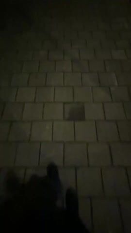 A person walks along a brick-paved sidewalk at night. Streetlights illuminate the scene. A street runs parallel to the sidewalk, separated by a chain-link fence. Buildings are visible in the distance. The person's shadow is visible on the sidewalk.