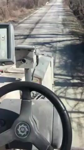 The video shows the point of view from inside a construction vehicle driving on a narrow road. The road is paved and lined with trees on either side. The driver is holding the steering wheel. A digital display is visible on the left side of the steering wheel. As the vehicle moves forward, a red van appears in the distance, traveling in the opposite direction. The vehicle seems to be industrial, large, and used for road construction or maintenance. The weather appears sunny and the sky is blue. The surrounding environment appears to be rural or semi-rural with hills and sparse vegetation.