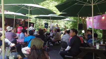 Early morning outdoor gathering with music at Daejeon forest cafe